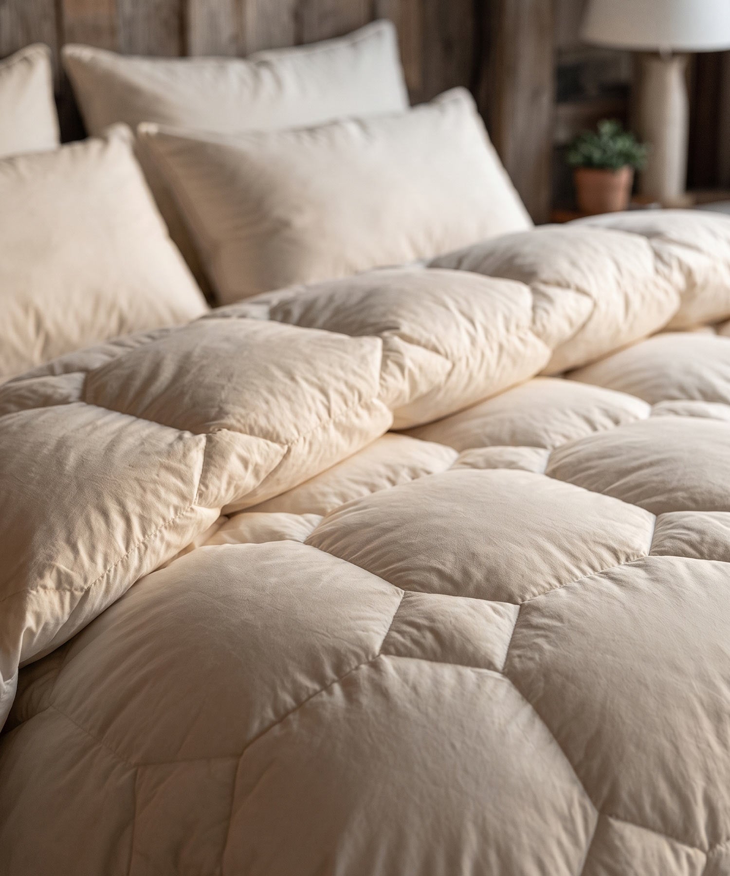 Down duvet and synthetic duvet compared side by side on a bed