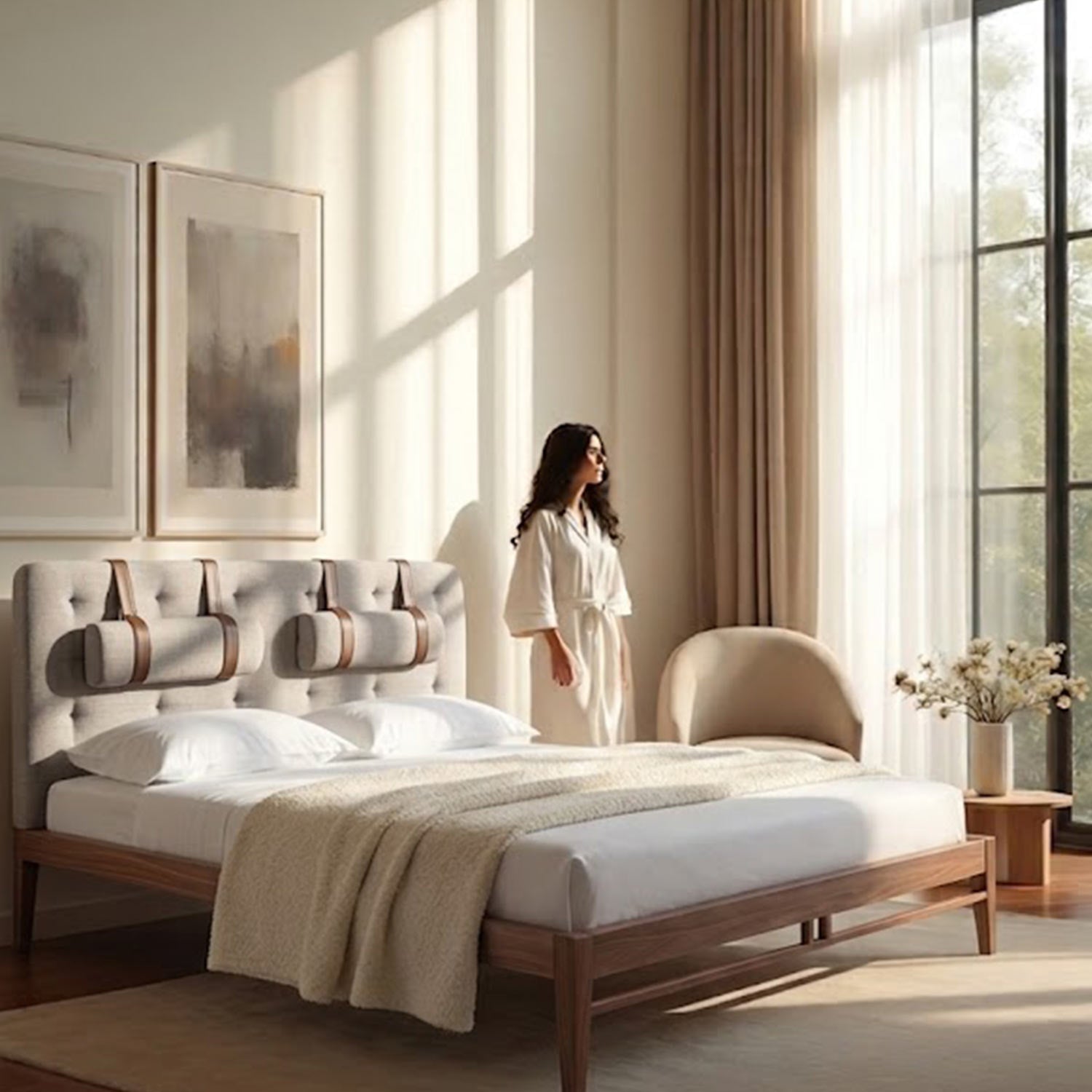 Frankfurt bed with a light beige tufted headboard, leather-strapped bolster cushions, and a natural wooden frame in a brightly lit bedroom.