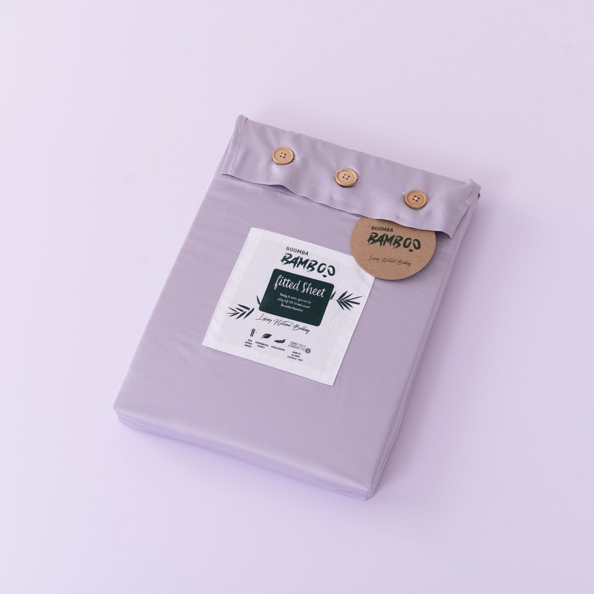 Lavender Mist bamboo fitted sheet packaging with the reusable bamboo storage bag