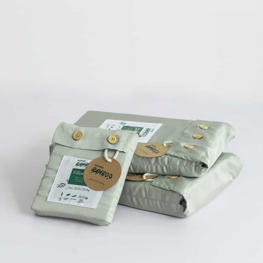 Sage Green bamboo pillowcases shown with their packaging