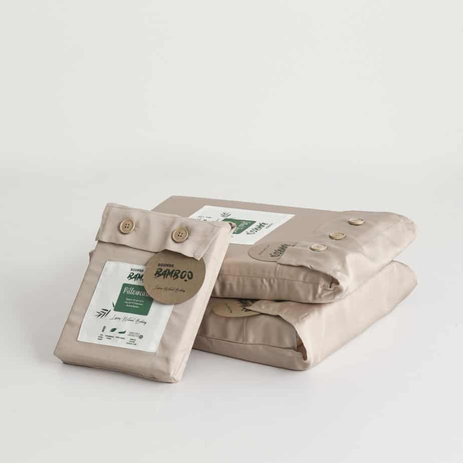 Soft Taupe bamboo pillowcase shown with its packaging