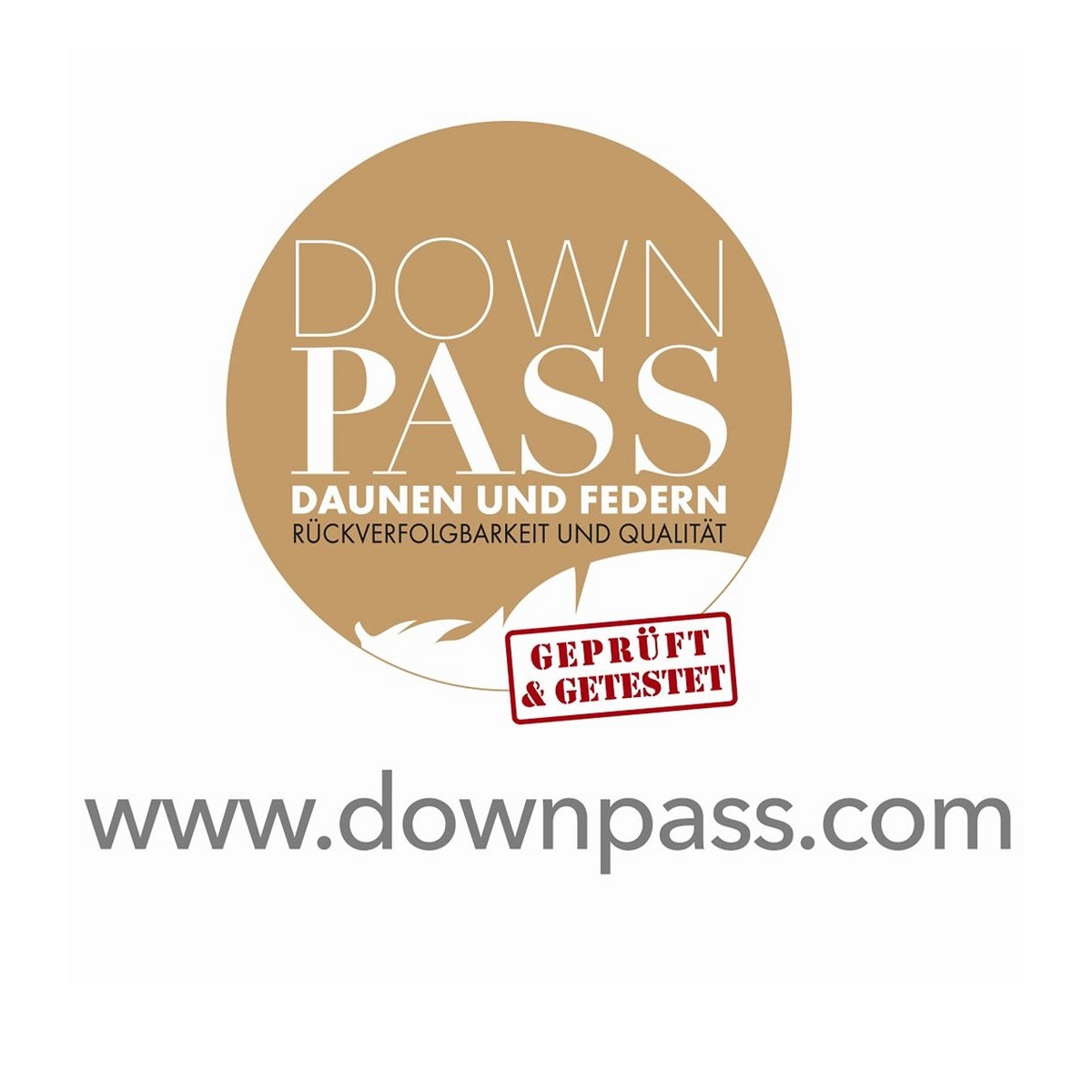 DownPass certification logo for down and feather traceability and quality, geprueft und getestet