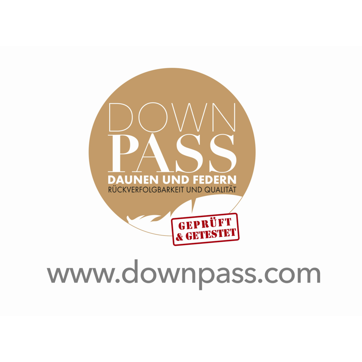 DownPass certification logo for down and feather traceability and quality, geprueft und getestet