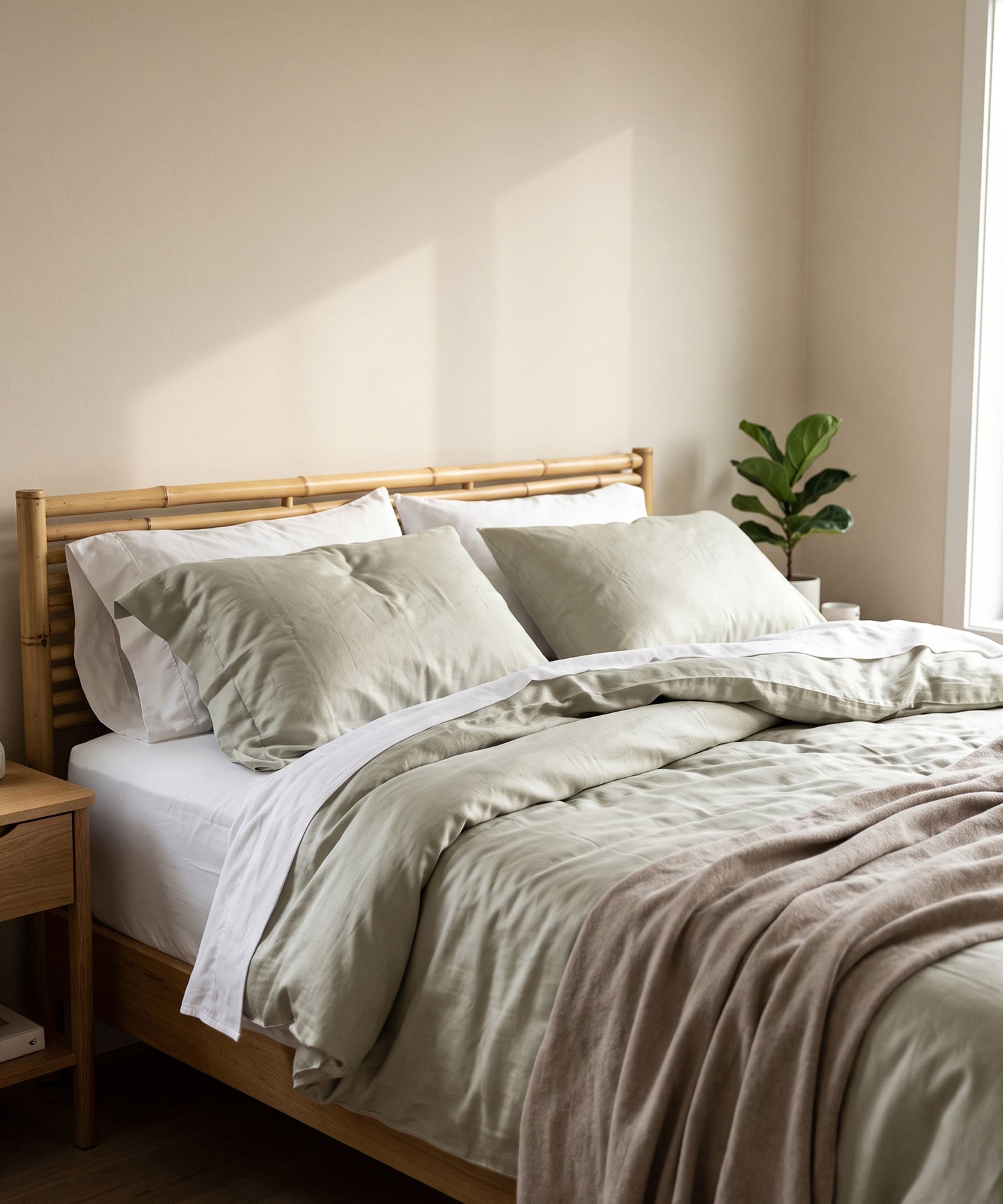 Sun-filled bedroom with a bamboo bed frame and soft white bamboo bedding
