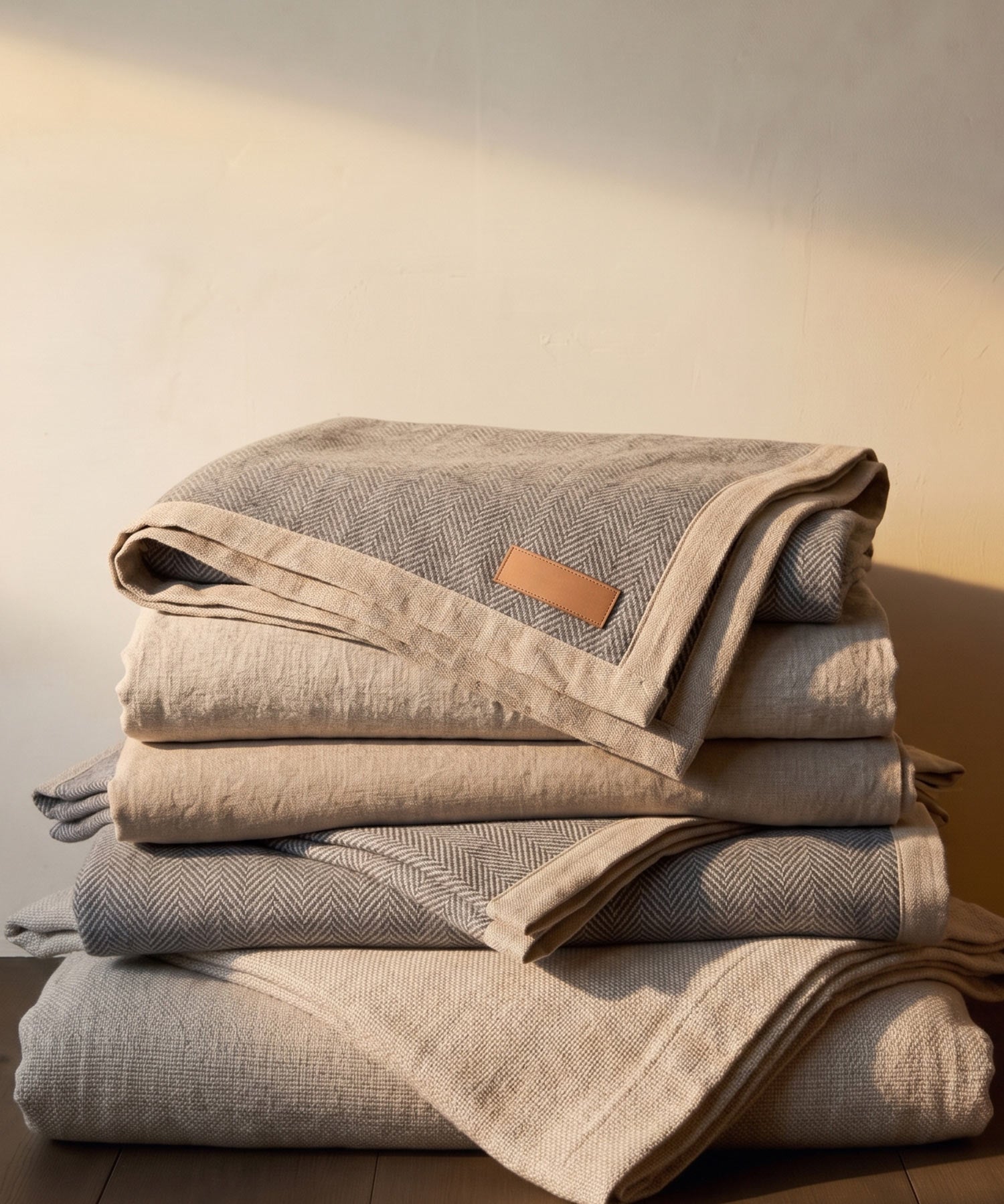 Stapel aus gemütlichen, hochwertigen Tagesdecken und Wohndecken von Maison de Cocon – exklusive Details für eine Premium Schlafkultur.