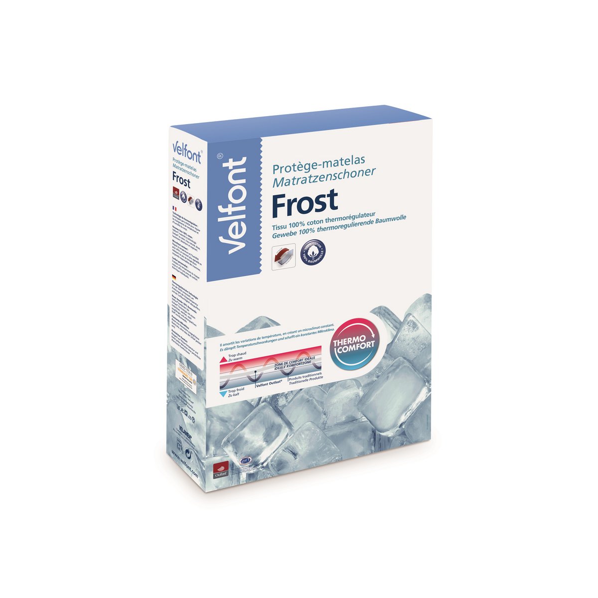 Velfont ThermoComfort Frost mattress protector retail packaging box with frost/snowflake graphic