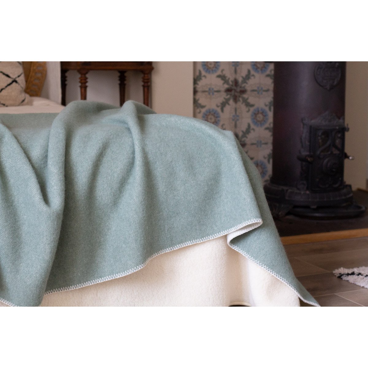 Detail shot of the Cool Mint wool blanket's weave