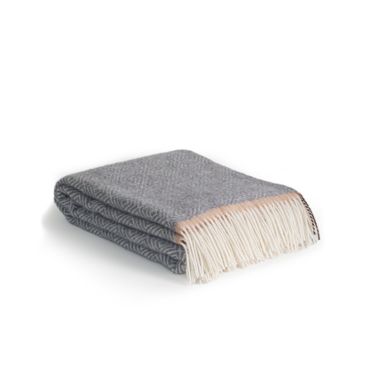 Folded Wool Throw Blanket Venezia showing grey herringbone pattern and fringe edge