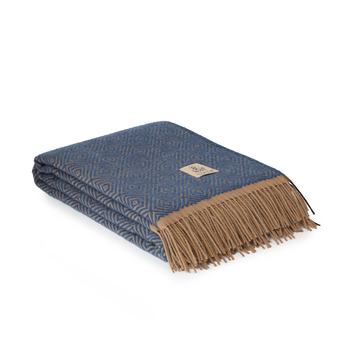 Folded Wool Throw Blanket Venezia Sky in navy blue with tan fringe