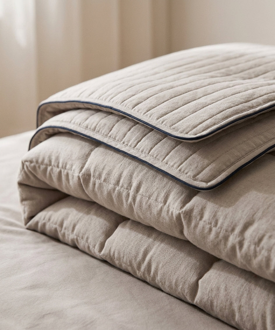 Summer duvet and winter duvet compared, layered on a bed