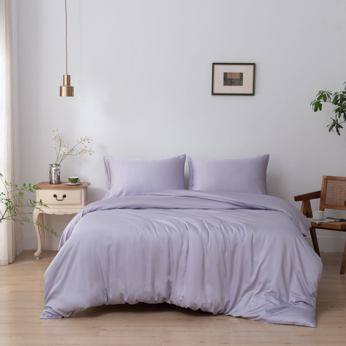 Lavender Mist bamboo bedding set on a made bed
