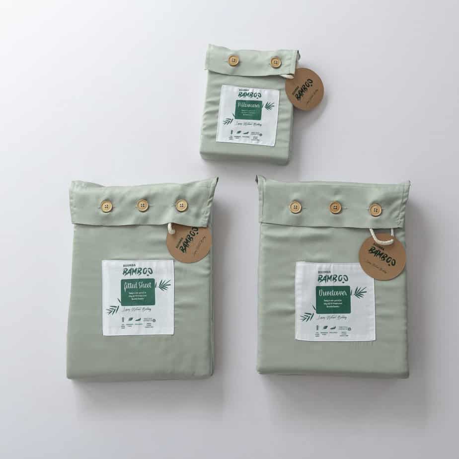 Sage Green bamboo bedding set shown folded in its packaging