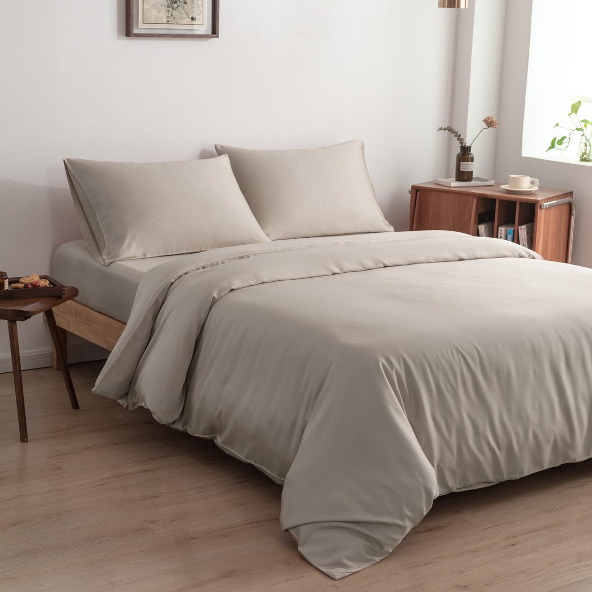 Soft Taupe bamboo bedding set on a fully made bed