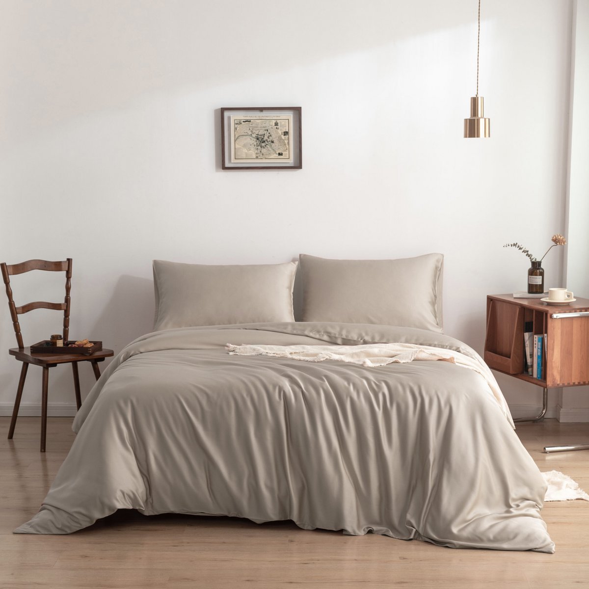 Soft Taupe bamboo bedding set styled on a bed in a bedroom setting
