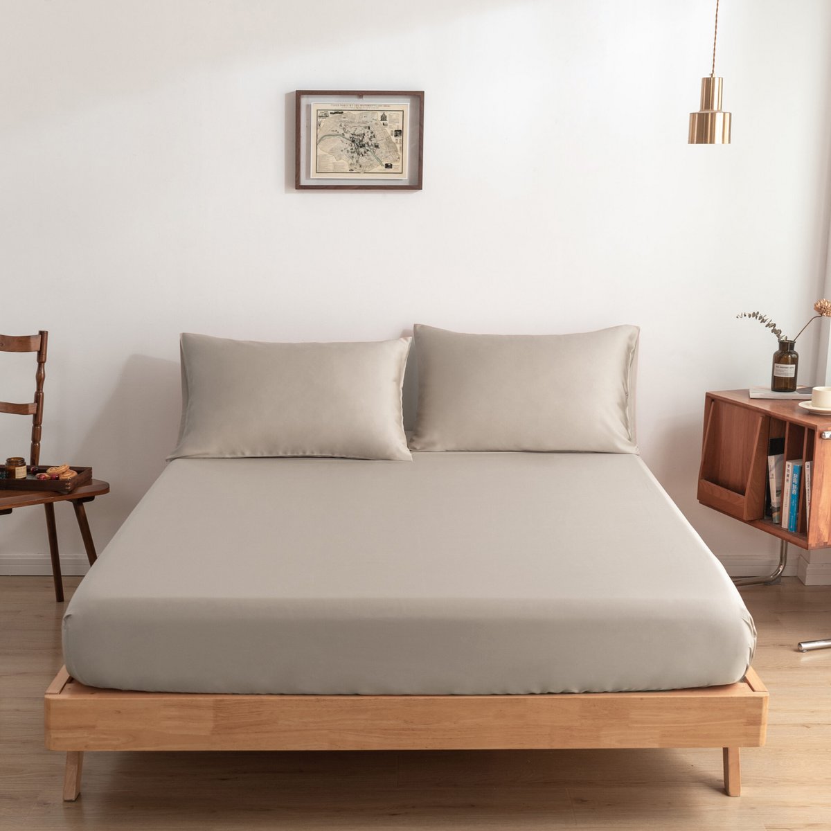 Soft Taupe bamboo bedding set on a wood-framed bed