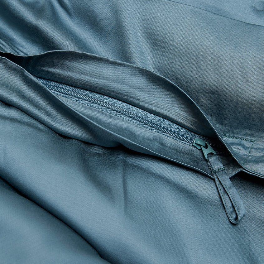 Close-up of the closure detail on the Eco Bamboo Duvet Cover in Ocean Blue