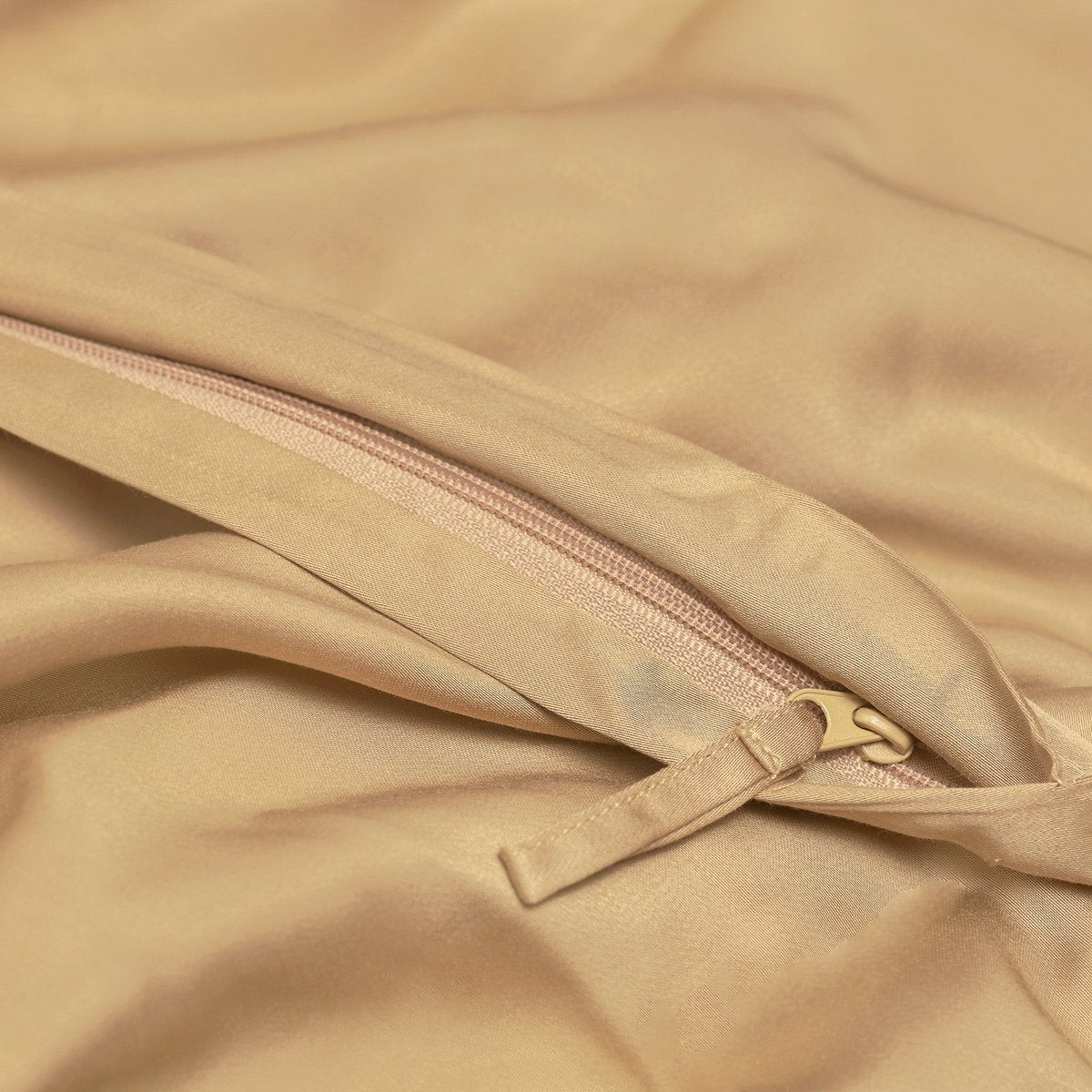 Close-up of the zipper closure on the Bamboo Duvet Cover in Ocher Yellow