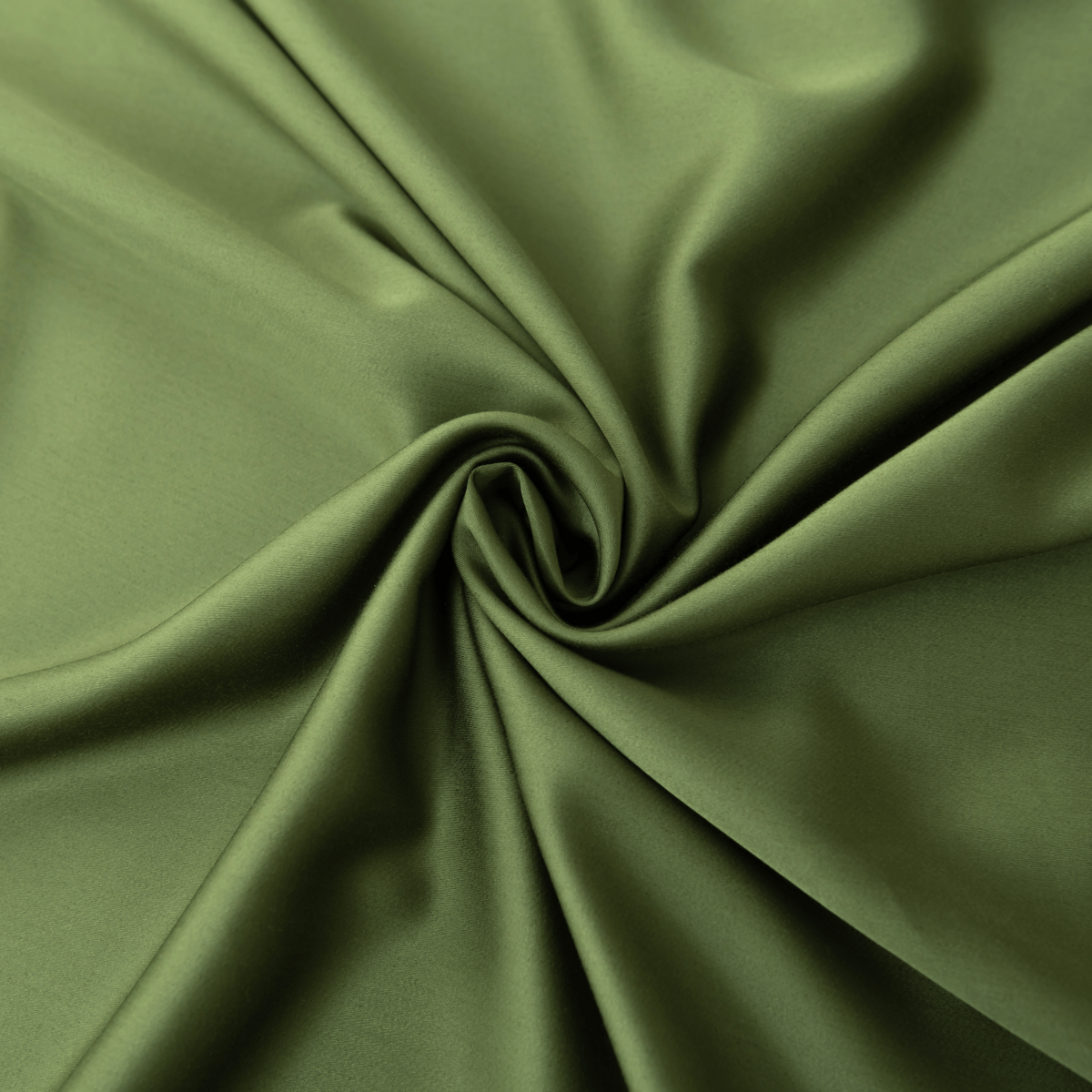 Close-up of draped Deep Moss bamboo fabric showing its smooth, silky texture.