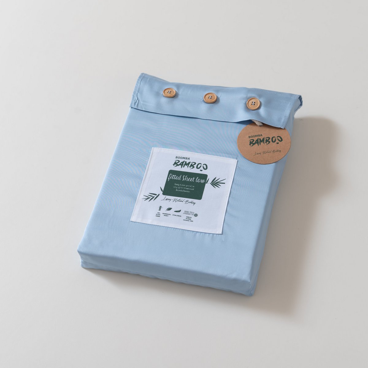 Sky Blue bamboo fitted sheet packaging with the reusable bamboo storage bag