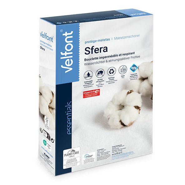 Velfont Sfera retail packaging showing the waterproof, breathable cotton mattress protector with a cotton boll graphic