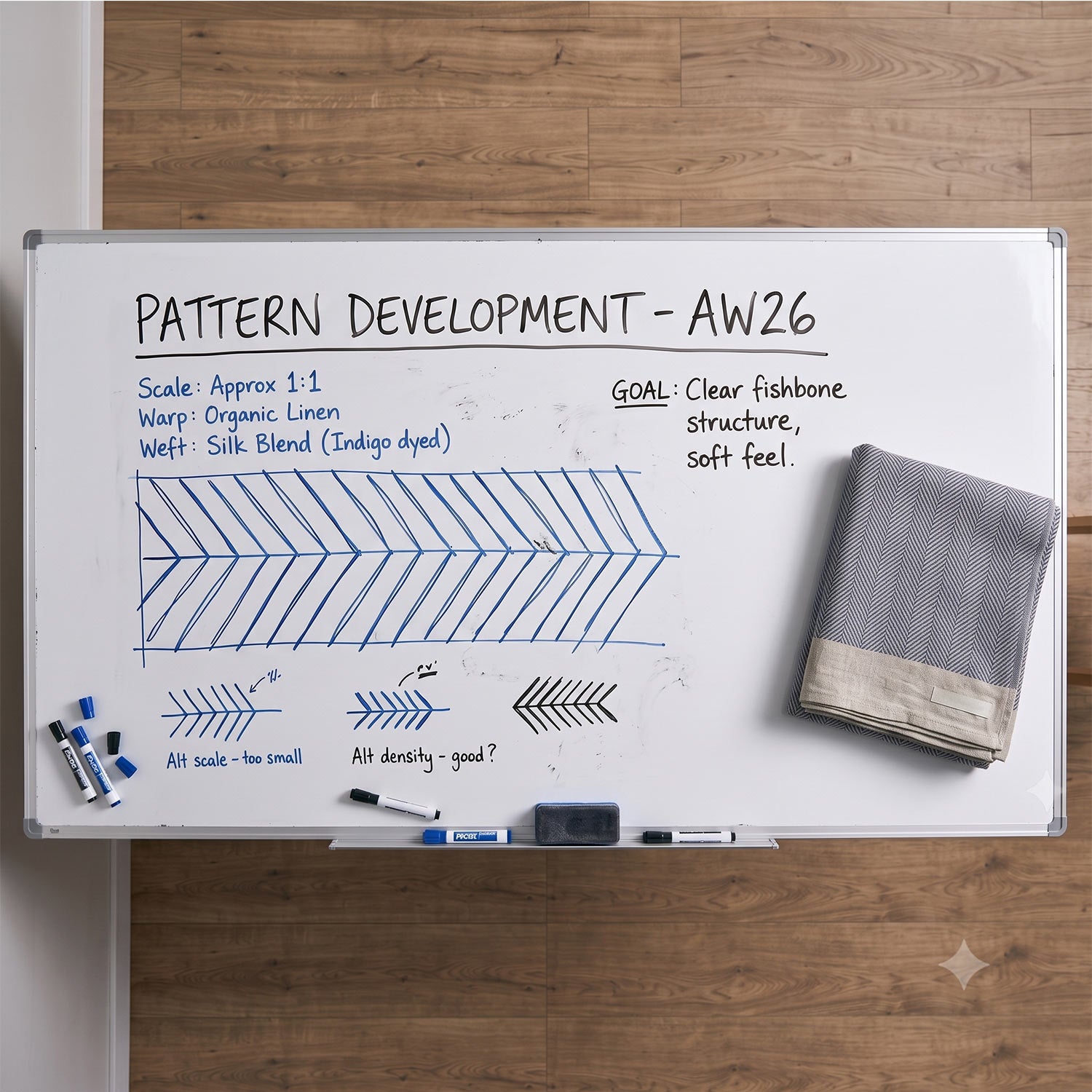 Custom furniture design sketches and textile material swatches