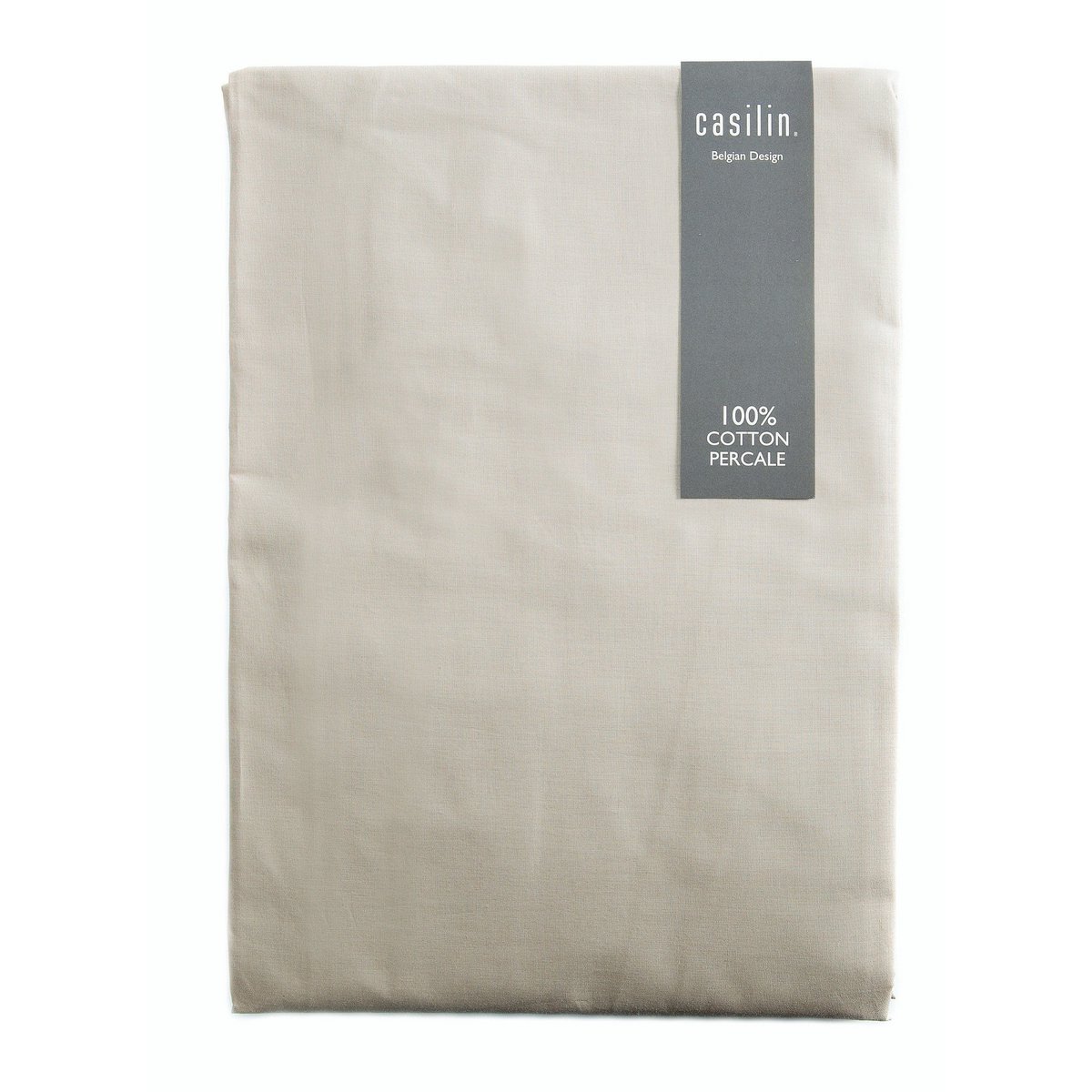 Folded beige 100% cotton percale fitted sheet with the Casilin Belgian Design label