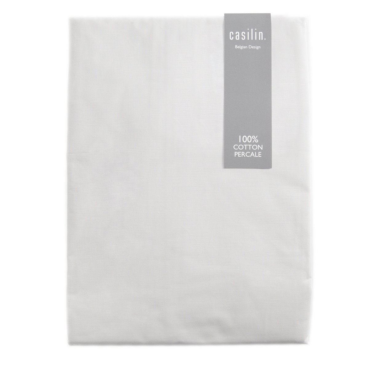 Folded white or very pale percale cotton fitted sheet with the Casilin Belgian Design label (image does not clearly show a light grey tone)