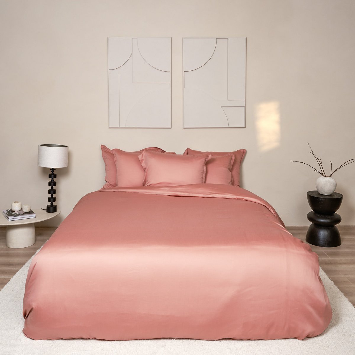 Tencel™ Sateen Duvet Cover in Terra Pink styled on a bed