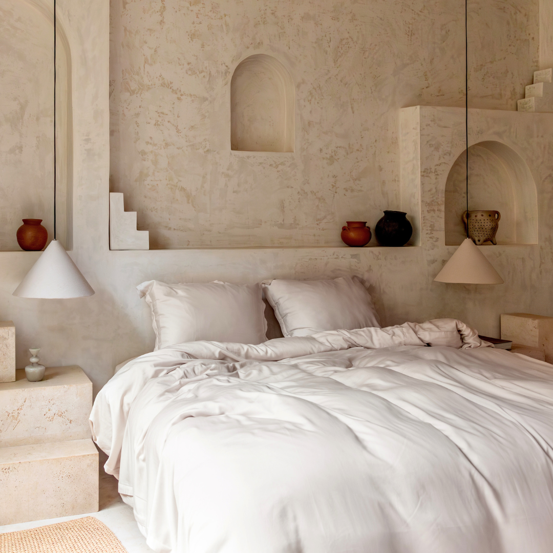Tencel™ Twill Duvet Cover in Beige styled on a bed in a Mediterranean-style bedroom