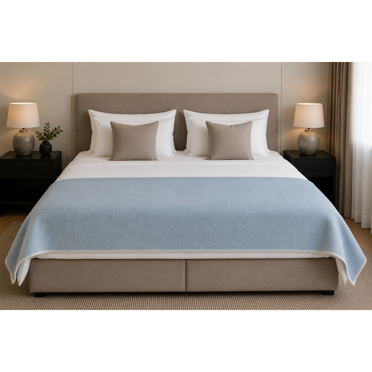 Wool Bed Runner Blue Fog styled across a bed