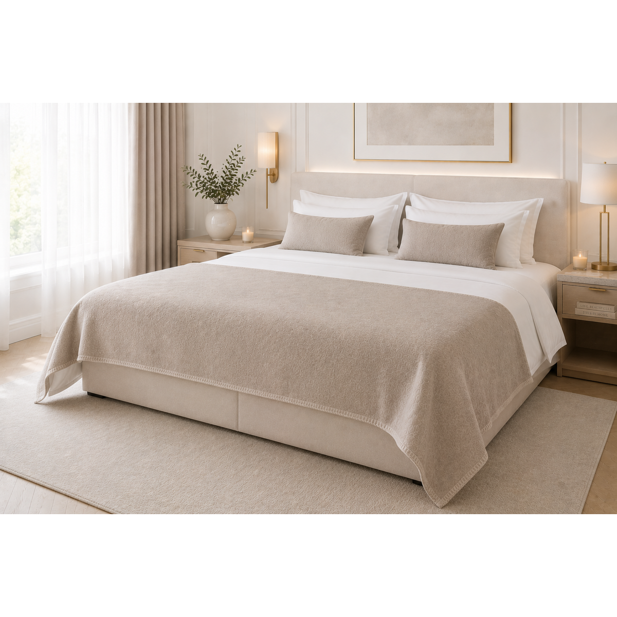 Wool Bed Runner Eco Fossil styled across a bed