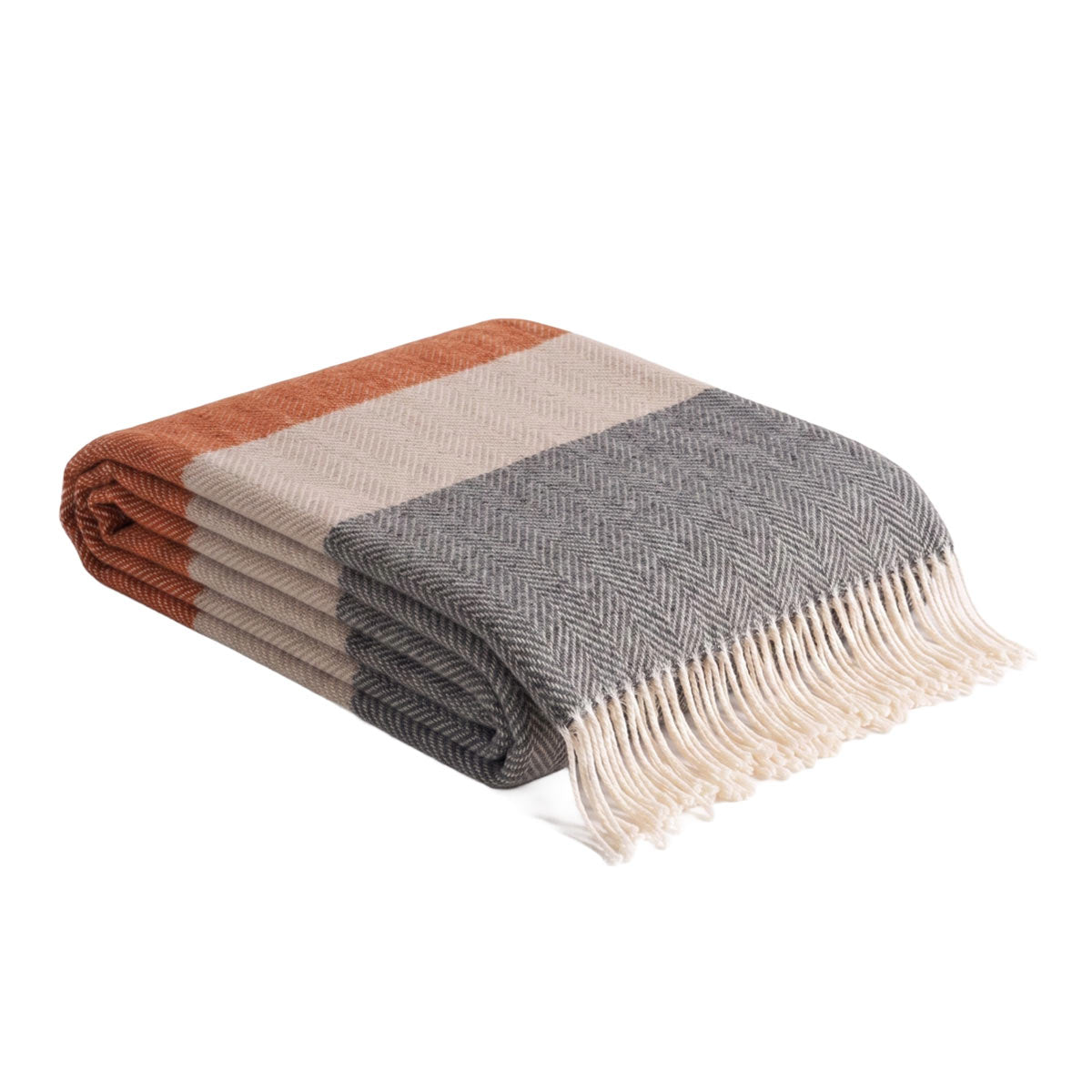 Folded striped herringbone wool throw blanket in rust, beige, and grey with fringed edges.