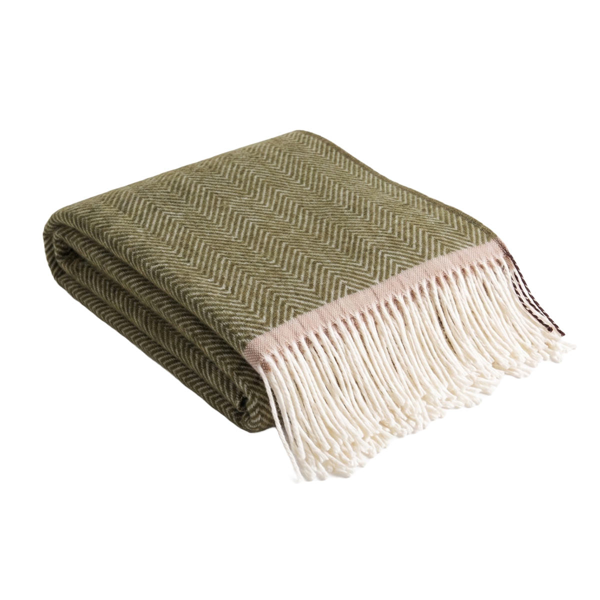 Folded olive green herringbone wool throw blanket with cream fringe trim on a white background.