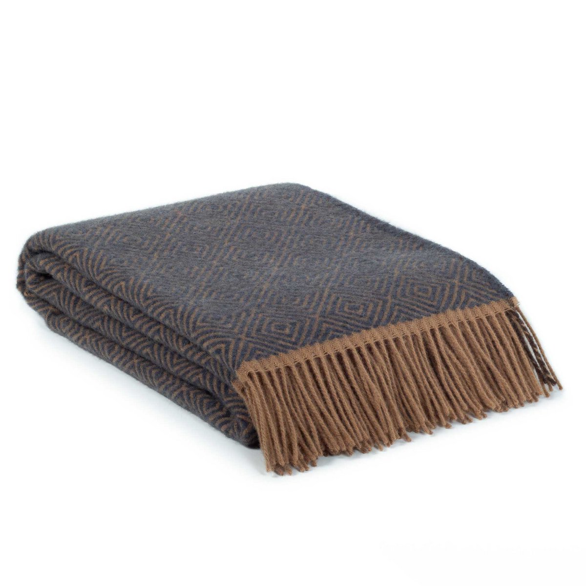 Folded Wool Throw Blanket Venezia showing blue diamond weave pattern and fringe edge