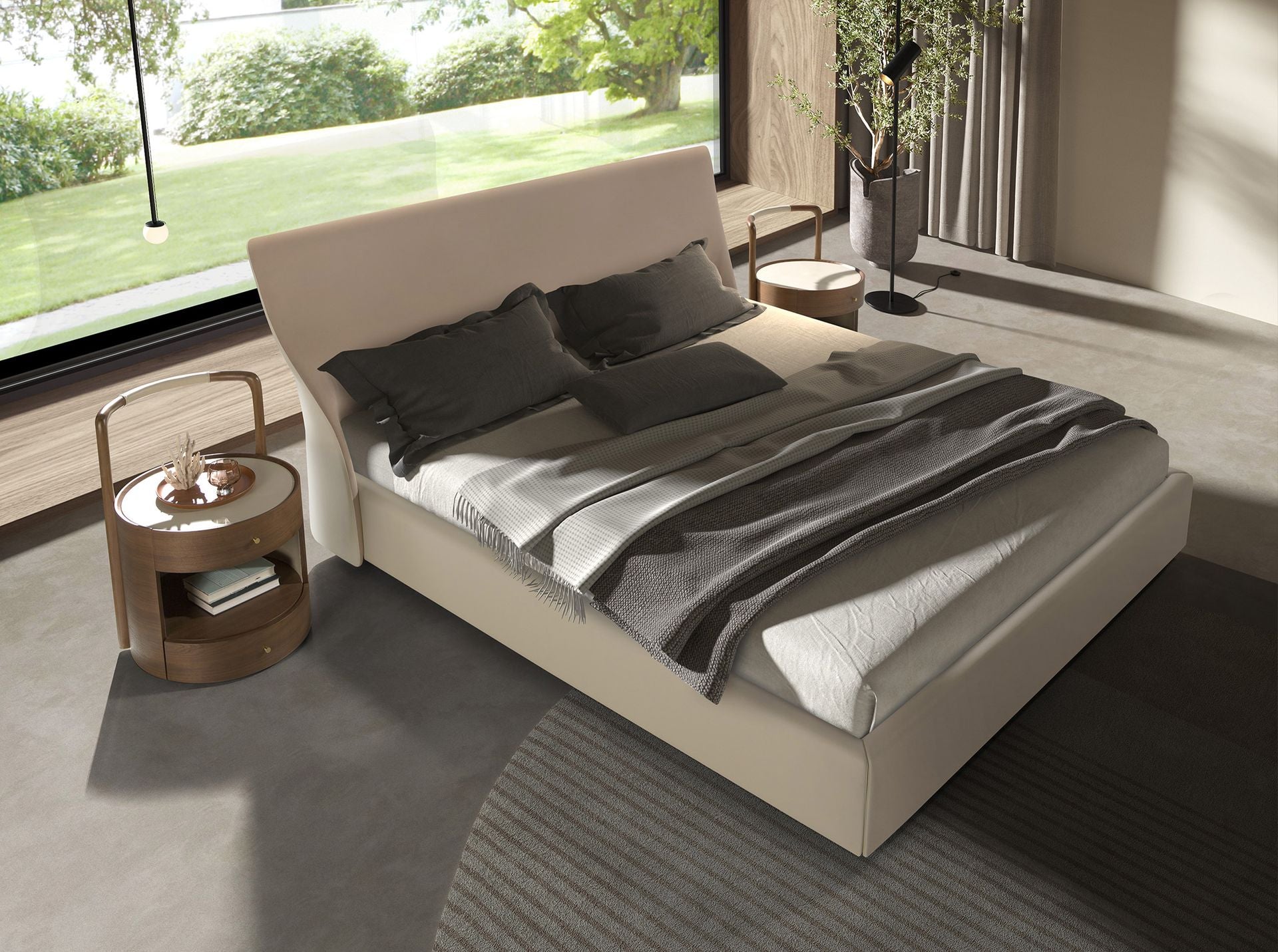 Polsterbett Wuppertal von Maison de Cocon – Samt & Kunstleder, Farbe Creme-Braun, 180x200 cm, Draufsicht