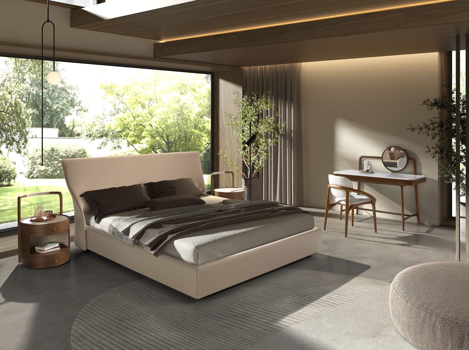 Polsterbett Wuppertal von Maison de Cocon – Samt & Kunstleder, Farbe Creme-Braun, 180x200 cm, Frontalansicht 2